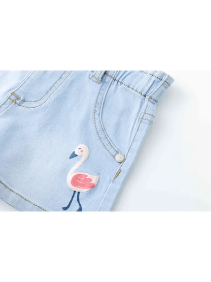 Short in denim con fenicottero