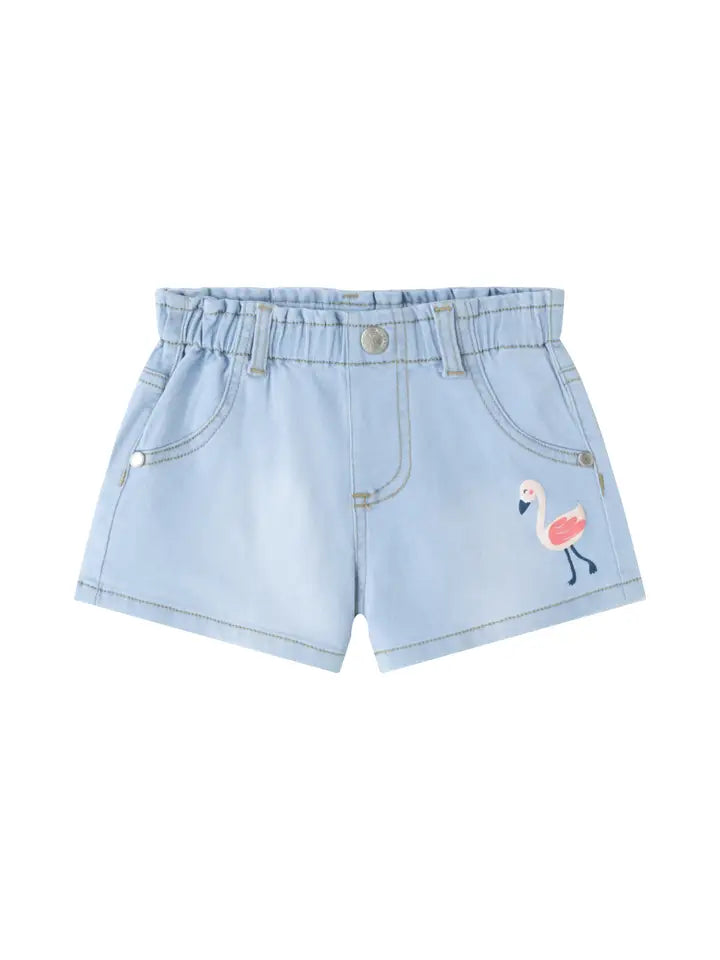 Short in denim con fenicottero